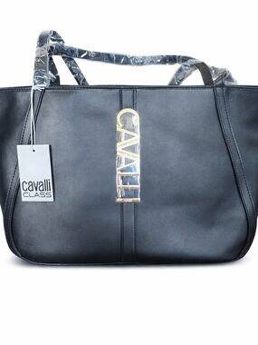 NWT Cavalli Class Big Black Sandra Shopper Tote With Gold Hardware
